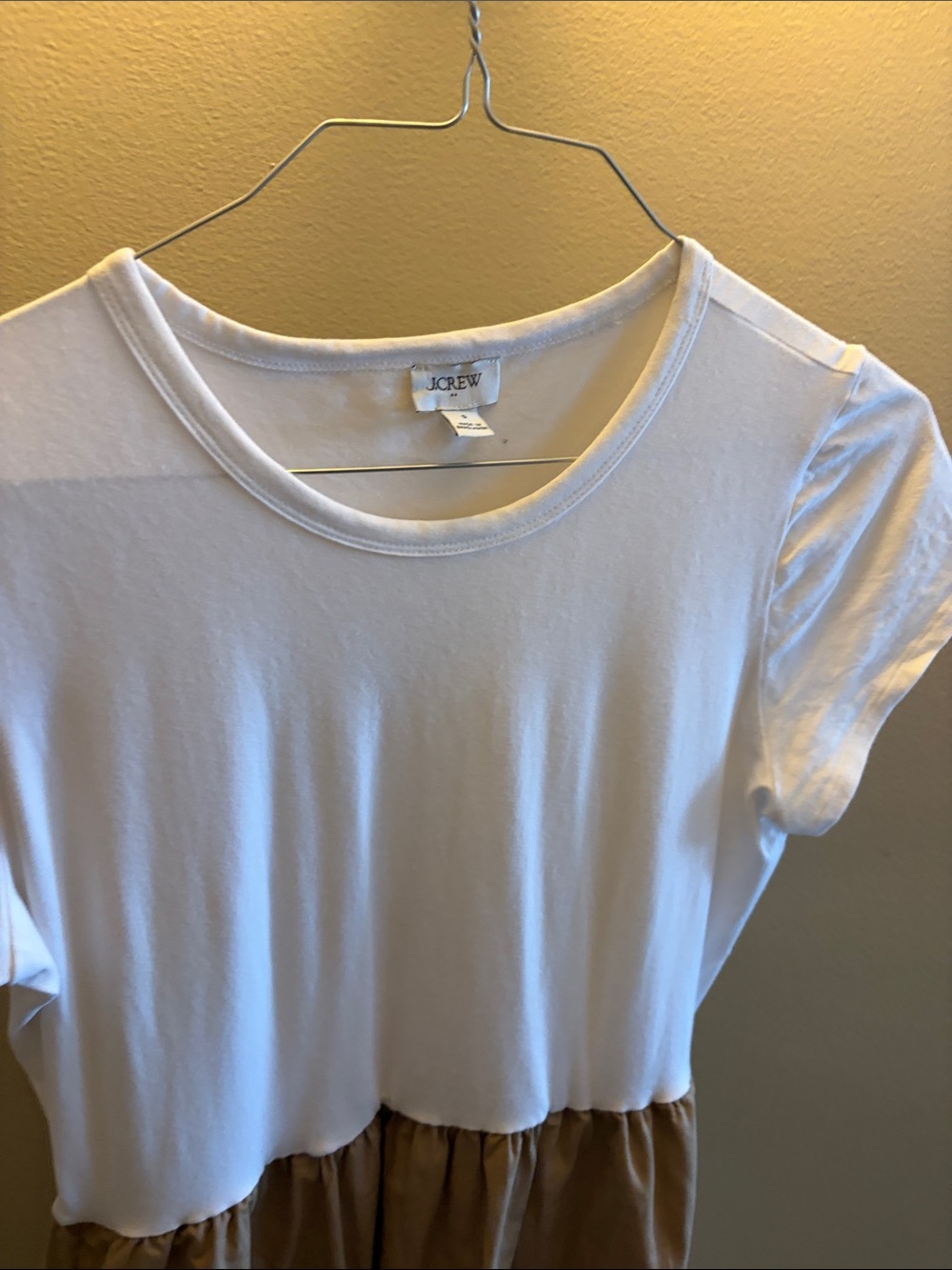 J. Crew White Short Sleeve Scoop Neck Top with Tan Skirted Hem